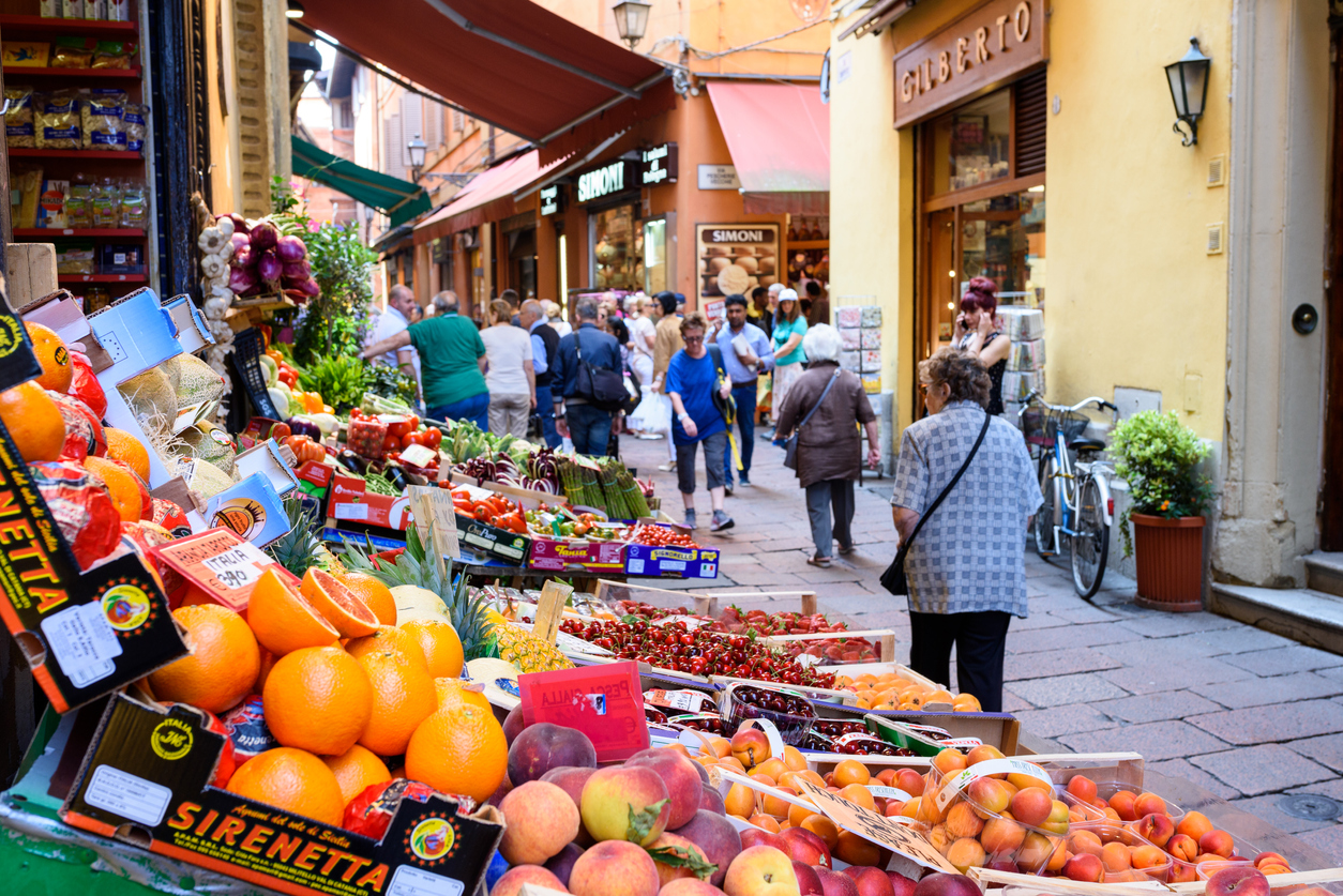 Fruit and vegetable old market in the Quadrilatero, Bologna, Italy